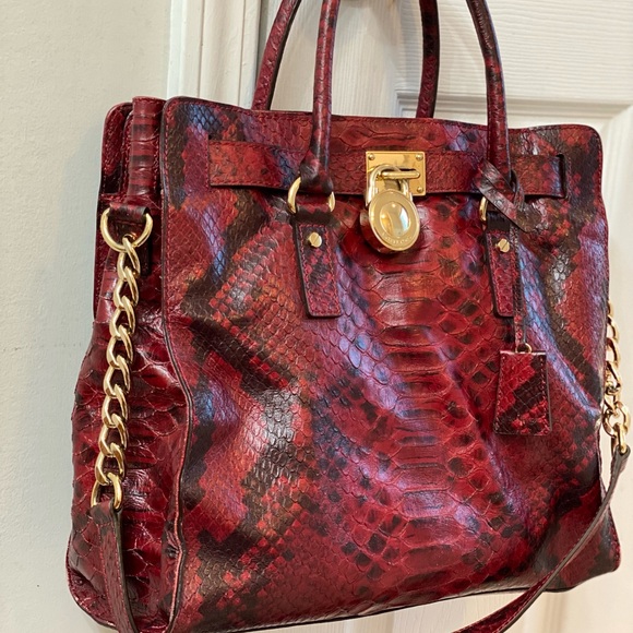 Michael KORS Hamilton burgundy chain link red leather python embossed  bag - Picture 6 of 8